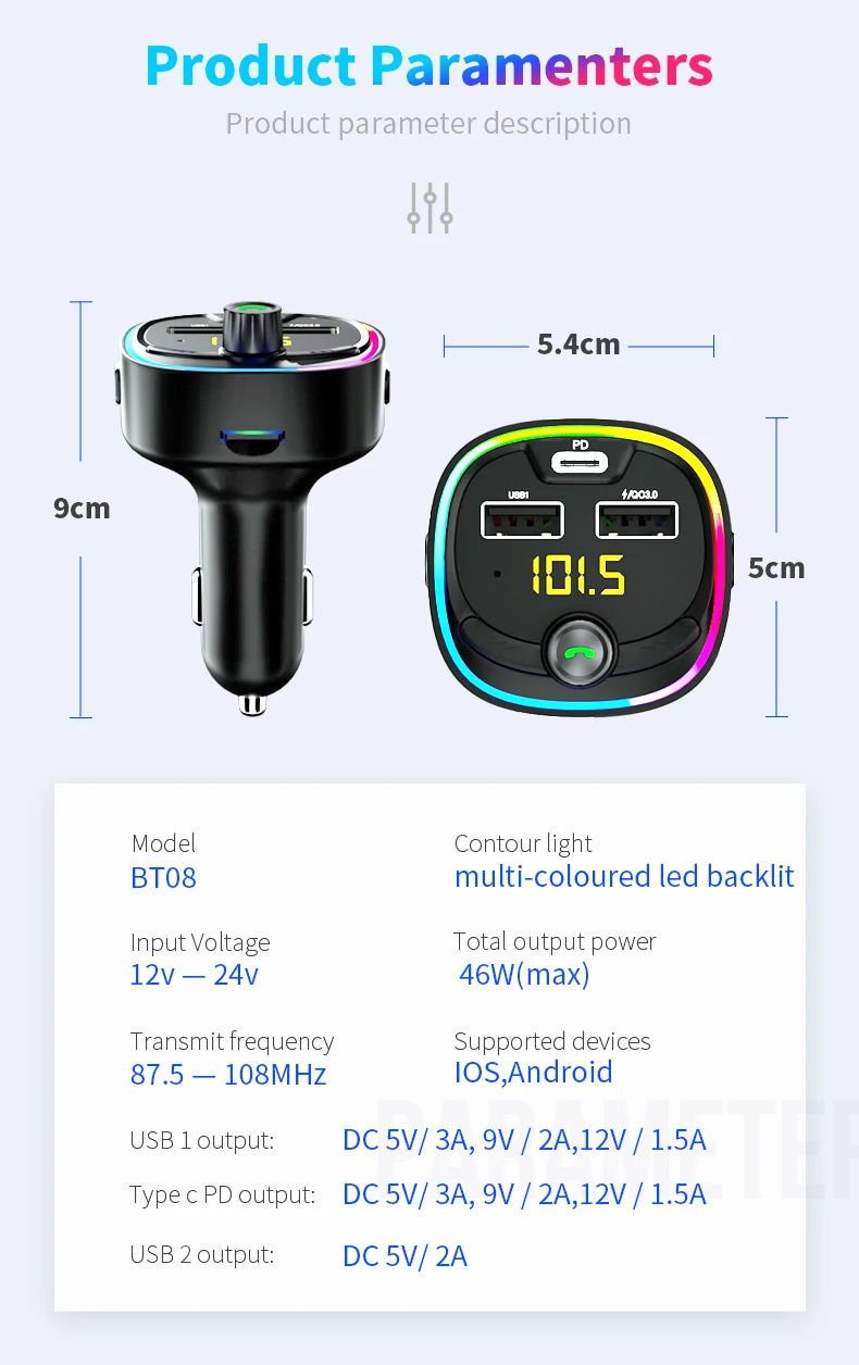 Car FM transmitter, wireless 5.0 QC3.0 & PD 18W USB-C car charger, RGB backlit car receiver, supports hands-free calls, Siri Goo