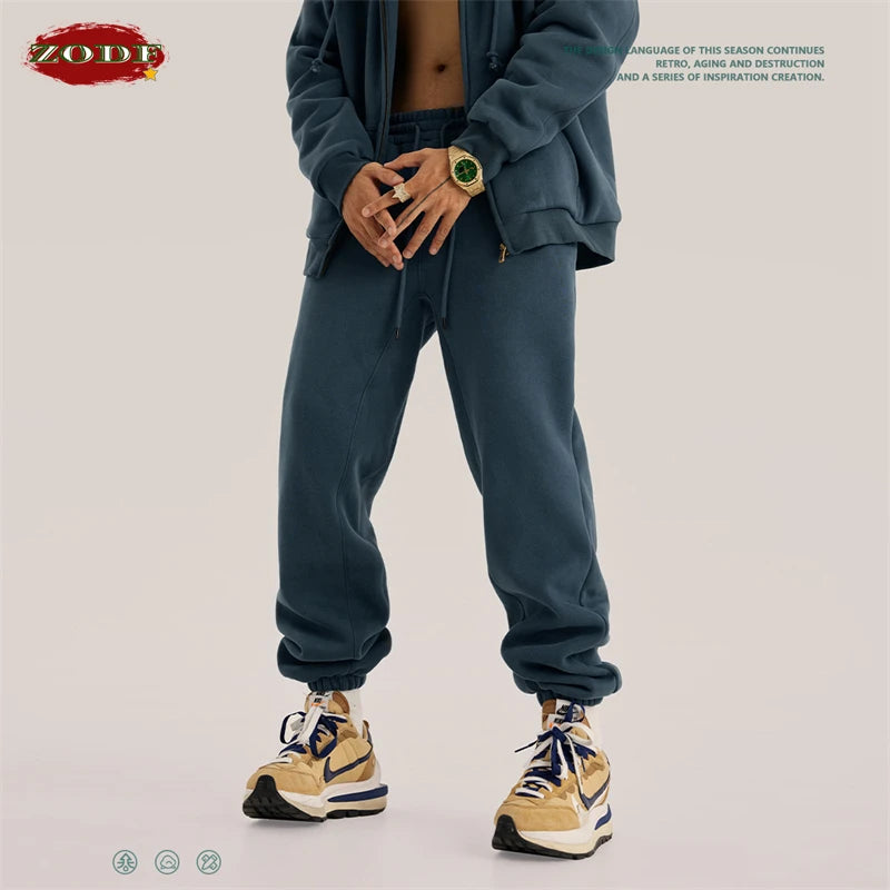 ZODF Trendy Men 345gsm Fleece Sweatpant Unisex Solid Color Loose Retro Hip Hop Winter Joggers Pants Brand Clothes HY0005