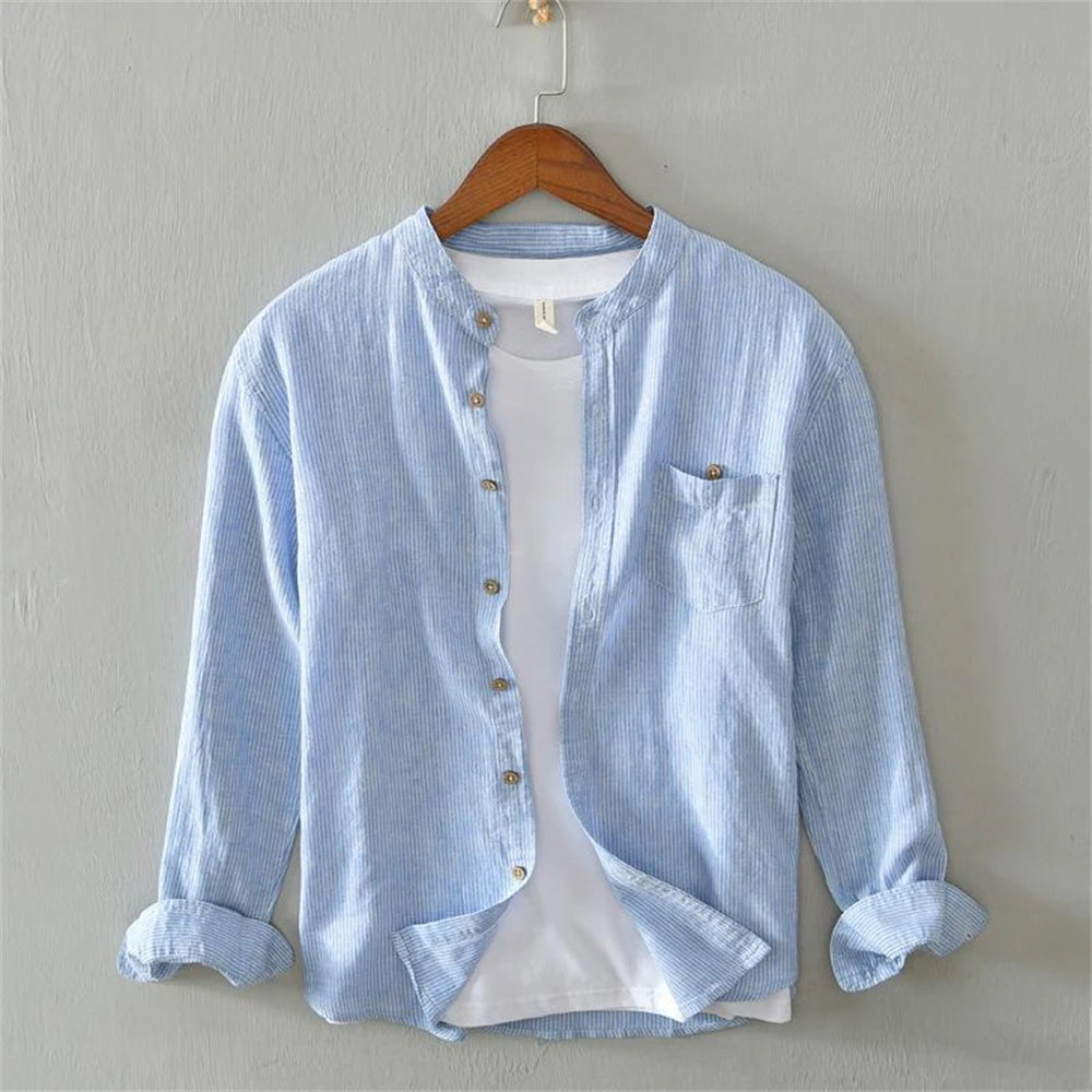 Mens Long Sleeve Business Casual Slim Fit Shirt Spring Autumn Stripe Cotton Linen Blend shirts Daily Commute Breathable tops