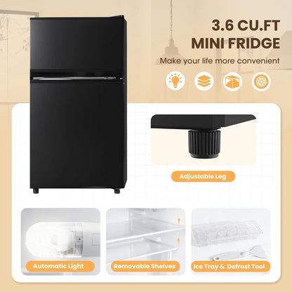3.6 Cu.Ft Mini Fridge with Freezer, 2-Door Compact Refrigerator with Adjustable Thermostat, Quiet for Bedroom, Dorm & Office