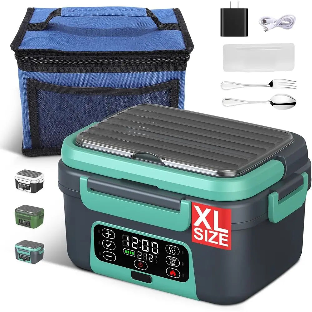 Portable 1.5L Electric Lunch Box - 6.3 Cups, 100W Rechargeable, Smart Heating Food Warmer with Removable Divider, Spoon, BPA-Fre