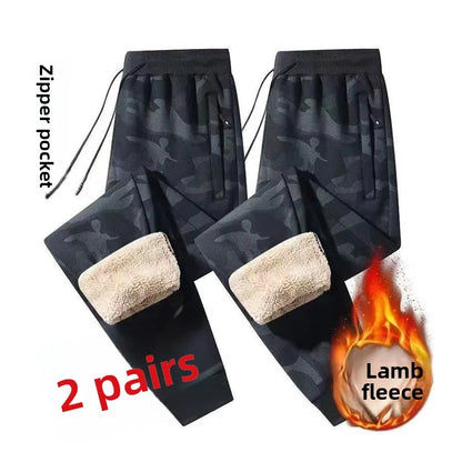 Men's Autumn Winter Thickened Large Size Lamb Velvet Fleece Lined Warm Loose Casual Pants Polyester Fiber Youth Pure Color