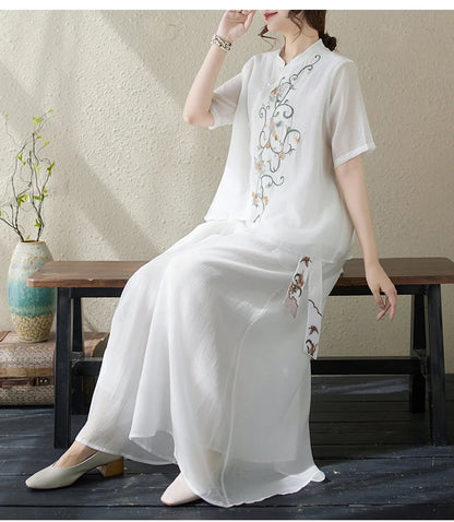 New National Style Heavy Embroidery  Set Women Summer Loose plus Size Fringed Wide Leg Pants Skirt Slimming Two Piece Set