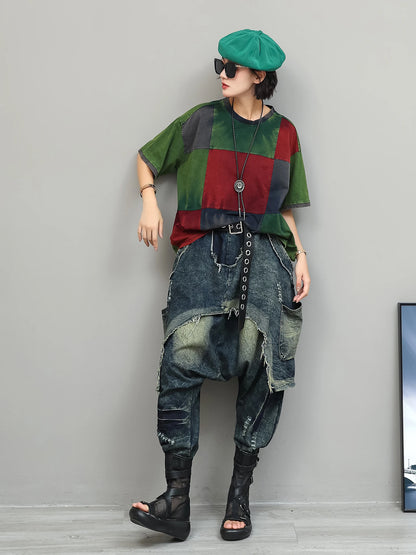 Color-blocked Suit Women Short-sleeve T-shirt + Loose Faux Two-piece Denim Drop-crotch Pants Two Piece Set Summer XY311