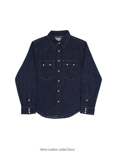 American Retro Western Denim Shirt Raw Denim Washed Casual Pearl Snap Button Western Shirt