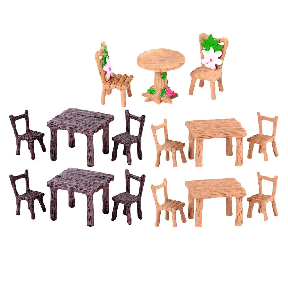 5Sets Miniature Resin Chair Table Set Classic Fairy Garden Furniture Desktop Decoration Home Decor for Living Room Bedroom