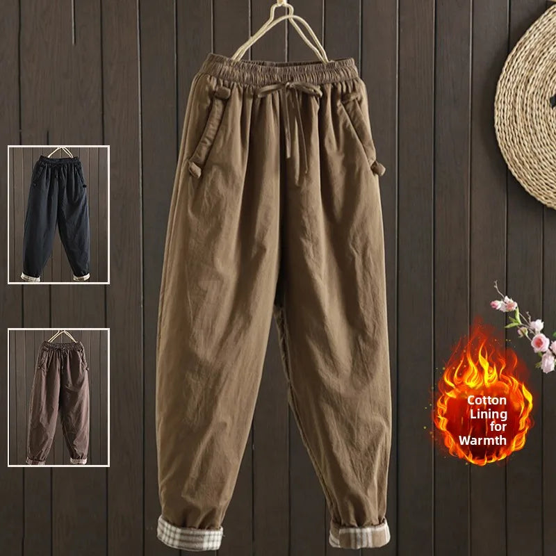 Retro  Color Cotton Filled Casual Loose Harem Pants Small Footed Trousers Winter Outerwear for Women plus Size