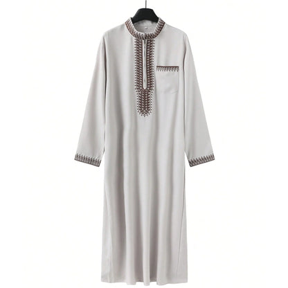 Muslim men's long robe, luxurious high-end fashionable embroidered robe, casual round neck daily holiday men's long robe