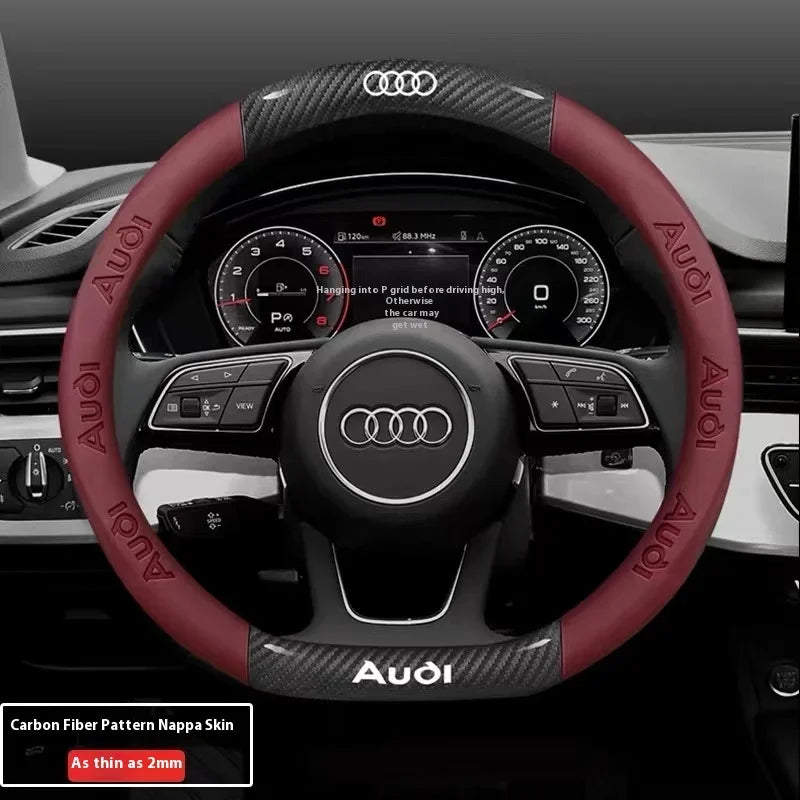 Car AntiSlip Carbon Fiber Leather Steering Wheel Cover, Audi A3 A4 A5 A6 A7 A8 Q1 Q2 Q3 Q5 Q7 Q8 S3 S4 S5 S6 RS3 RS4 RS5 TT