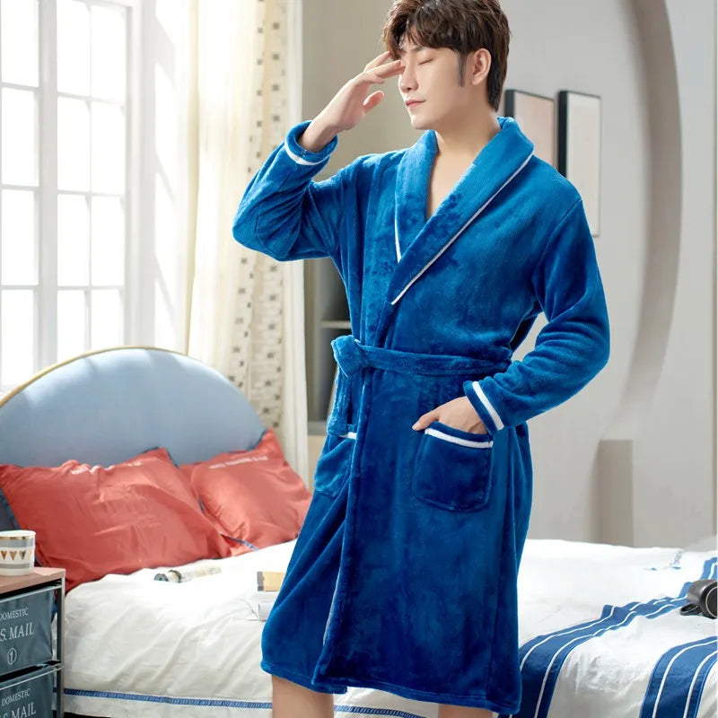 Thickened Flannel Sleepwear Coat for Men And Women Warm Winter Coral Velvet Robe Couple Home Clothes Mid-Length Bath Robe