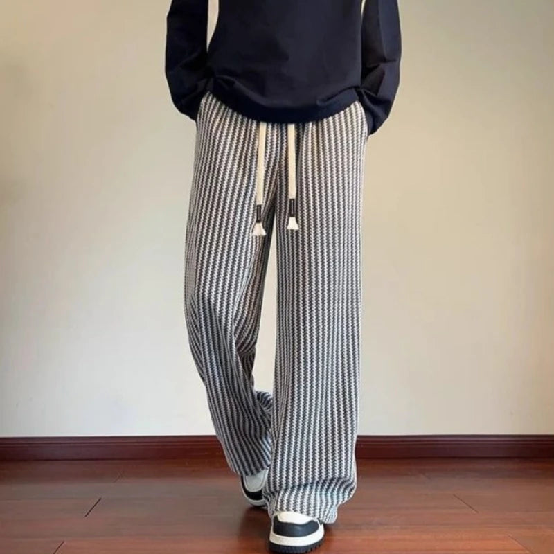 Soft Knit Casual Joggers for Men Plaid Style Stripe Design Loose Fit Sports Pants Warm for Fall Winter
