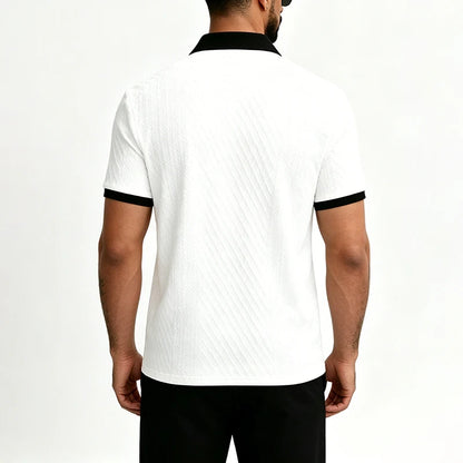 2026 Summer Men's Jacquard Knit Polo Shirt Contrast Collar Short Sleeve Loose Fit Soft Breathable Casual Sport Daily Wear Tops