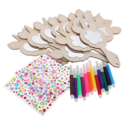 1Set Unicorn Mirror Craft Kit Wooden Handheld DIY Painting Mini Makeup Mirror Creative Kids Accessory Unfinished Wood Mirrors