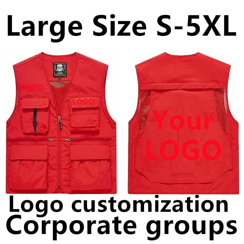 DIY Logo Custom Work Vest Multi Pocket Sleeveless Jacket Camping Big Size Men's Clothes  Plus Outerwear MAN Workwear LeisureY