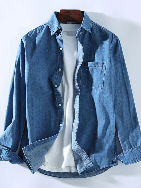 Loose Fit Pure Cotton Long Sleeve Men's Denim Shirt Spring Autumn Casual Style Vintage Trendy Top Outerwear Jacket