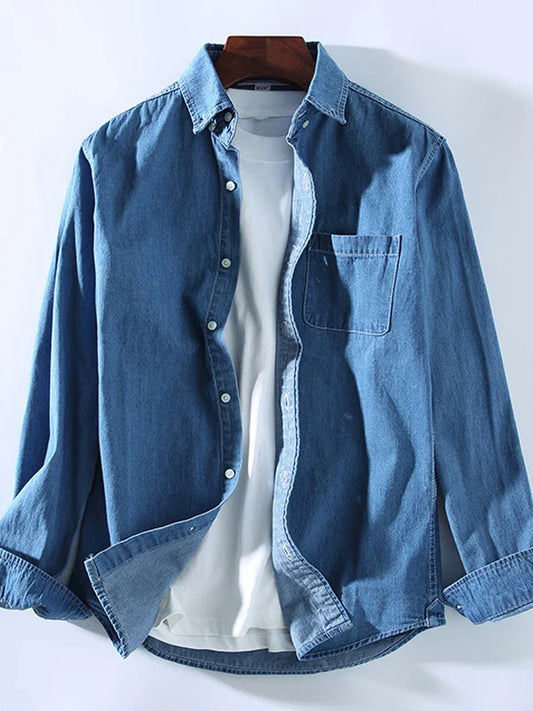 Loose Fit Pure Cotton Long Sleeve Men's Denim Shirt Spring Autumn Casual Style Vintage Trendy Top Outerwear Jacket