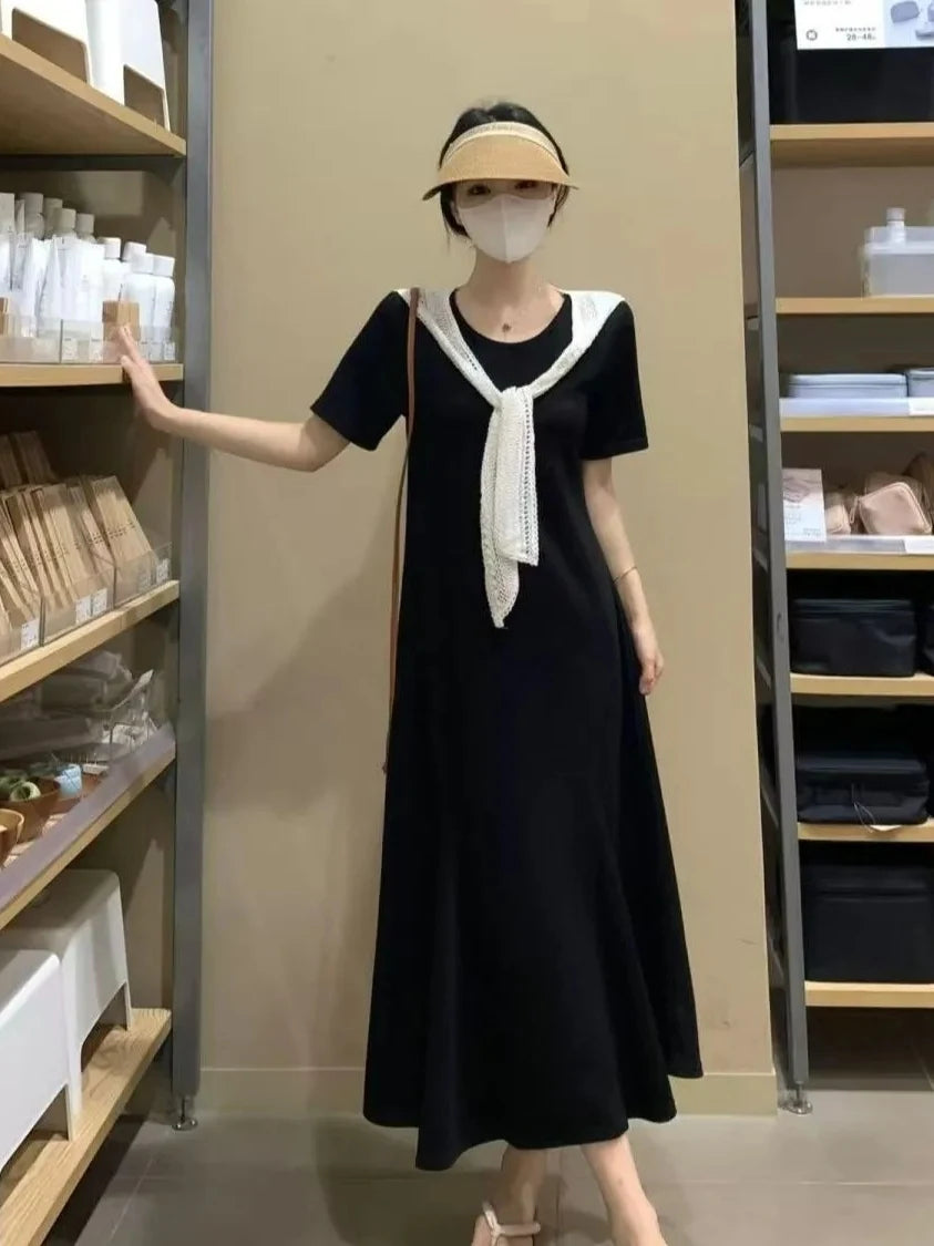 Naval Collar Lace Trim Slimming Long Dress French Style Loose Fit Mommy's Summer Dress mid Waist Design Casual  Knot