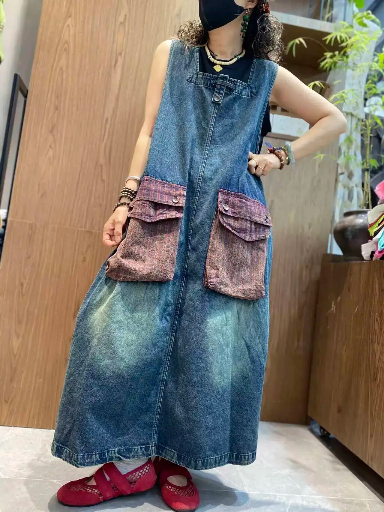 Color-blocked Large Pocket Denim Dress Women Sleeveless Suspender Tank Dress XY326