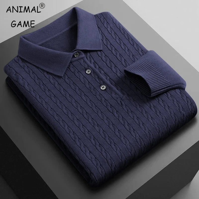 Animal Game Men's Knitted Polo Shirts Button Cable Pullover Sweater V-neck Long Sleeve Outerwear Warm Heavyweight Solid Jumper