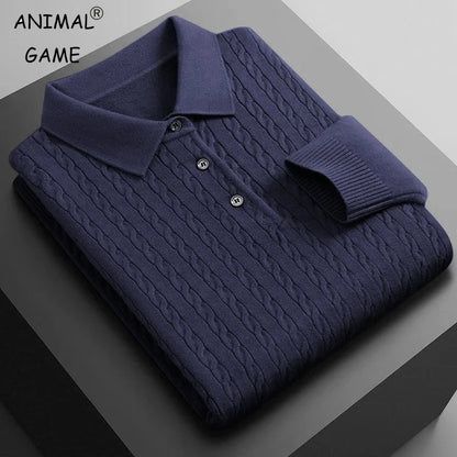 Animal Game Men's Knitted Polo Shirts Button Cable Pullover Sweater V-neck Long Sleeve Outerwear Warm Heavyweight Solid Jumper