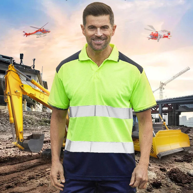 Hi Vis Safety Long Sleeve Polo Shirt Logo Customized Quick Dry Summer Reflective Shirt Construction Work T-shirt