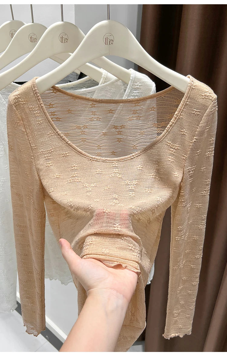 Sexy Lace Base Shirt Inner Wear Light Mesh Top Floral Trim Shoulder Exposure Thin Nylon Fabric Long Sleeve round Neck Spring ...