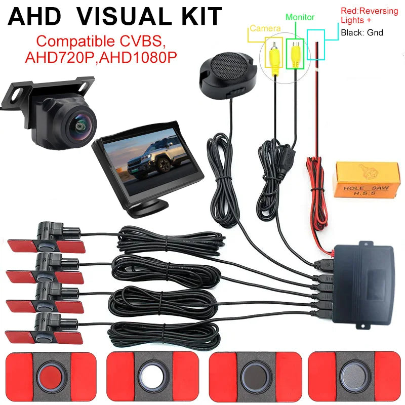 AHD/CVBS Video Parking Sensor Kit 16.5mm Flush-Mount Radar Camera 12V Universal Reversing Assistance System