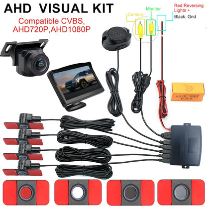 AHD/CVBS Video Parking Sensor Kit 16.5mm Flush-Mount Radar Camera 12V Universal Reversing Assistance System