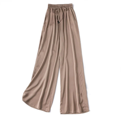 Vertical Naked Feeling 93% Natural Mulberry Silk Elastic Double Qiao Satin Elastic Waist Women's Fashionable Wide Leg Pants
