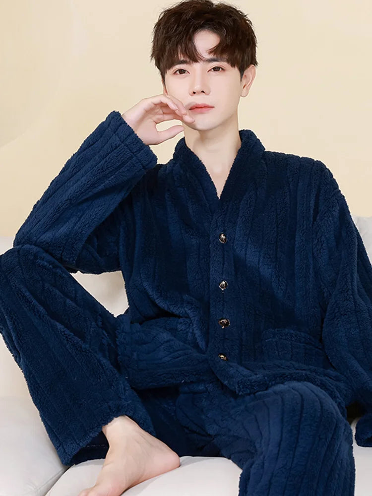 Thick Coral Fleece Sleepwear Men's Autumn Winter Casual Large Size Outdoor Wearable Flannel Home Clothes Set V-Neck Long Sleeve