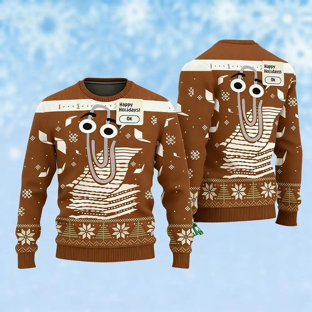Funny Cute Paperclip Ugly Christmas Sweater Men Women Personality 3D Print Pullover Sweater Unique Festival Long Sleeves Tops