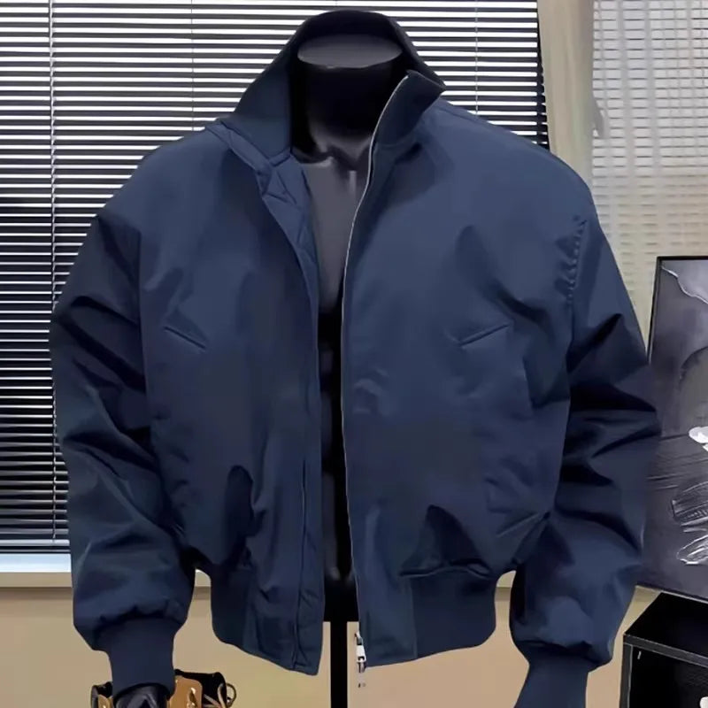 Casual American Style Men's Jacket Stand Collar Baseball Loose Fit Outerwear Windproof Zipper Closure Long Sleeve Pure Color