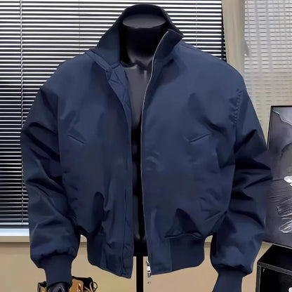 Casual American Style Men's Jacket Stand Collar Baseball Loose Fit Outerwear Windproof Zipper Closure Long Sleeve Pure Color