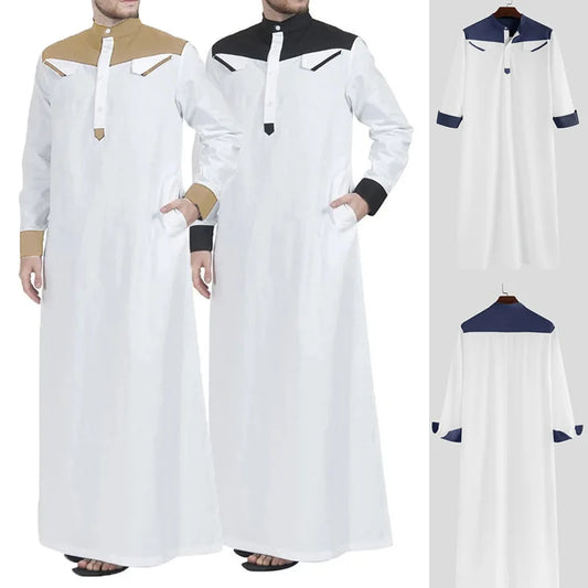 Spring Autumn Loose Muslim Standing Collar One-piece Patchwork Men's Long Robe Breathable And Skin Friendly Solid Color
