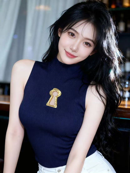 Spring Summer Solid Spliced Metal Buckle Slimming Knit Tshirt For Women Turtleneck Sleeveless Minimalist T Shirt Female Fashion