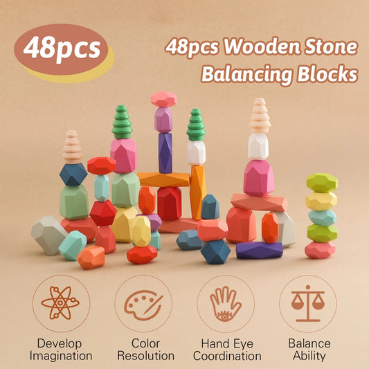 48 Piece Wooden Stone Balancing Blocks Free Water Based Paint Color Recognition Hand Eye Coordination Balance Toys for Kids