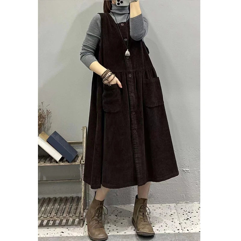 Retro Korean Style Corduroy Dress with Pockets Autumn Winter Loose Slimming Long Dress for Women Casual A-Line Skirt