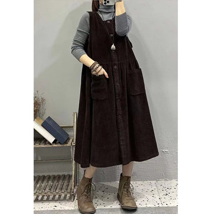 Retro Korean Style Corduroy Dress with Pockets Autumn Winter Loose Slimming Long Dress for Women Casual A-Line Skirt