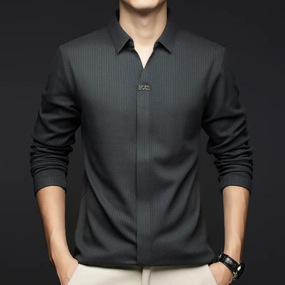 Men's Business Casual Solid Color Stretch V-neck POLO Shirt Daily Commute Striped Sweater for Fall 2024.