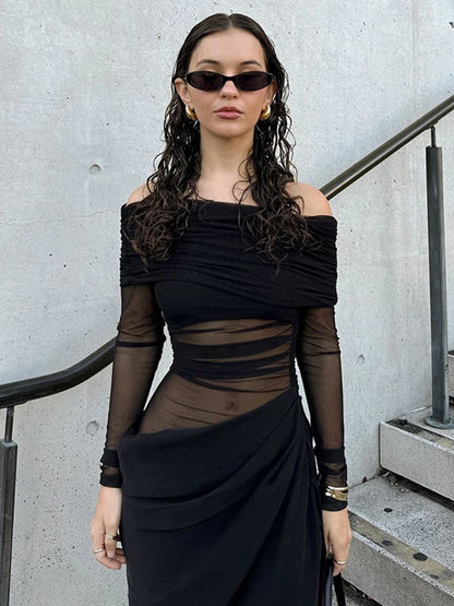 Nibber Sexy Dress Women 2025 Spring Patchwork Mesh Elegant Slash Neck Ruched Fit Chic Birthday Party Festival Vacation Vestidos