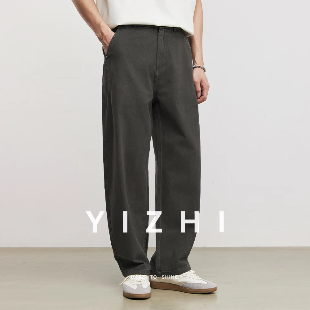 Men's Heavyweight 290g Minimalist Draping Wide Leg Pants Summer 100% Cotton Loose Commute Straight Casual Denim Long Pants