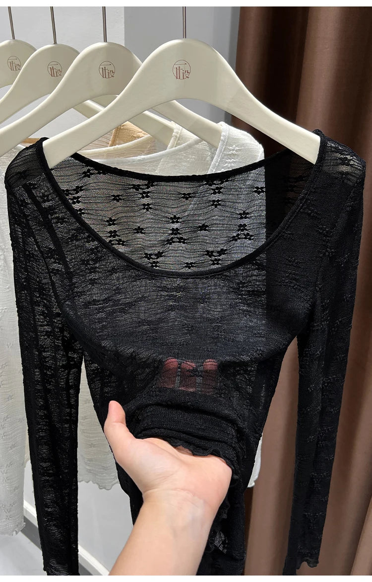 Sexy Lace Base Shirt Inner Wear Light Mesh Top Floral Trim Shoulder Exposure Thin Nylon Fabric Long Sleeve round Neck Spring ...