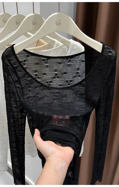 Sexy Lace Base Shirt Inner Wear Light Mesh Top Floral Trim Shoulder Exposure Thin Nylon Fabric Long Sleeve round Neck Spring ...