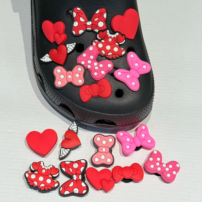 9-100PCS Cartoon Red Dress Bow Heart PVC Sandals Garden Shoe Charms Decorations DIY Bracelets Slipper Accessories Party Gift