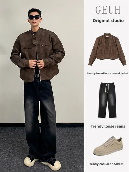 American Retro Street Motorcycle Leather Jacket Men's Trendy Brand Handsome Small Shoulder Pad Stand Collar Marrow Jacket Coat