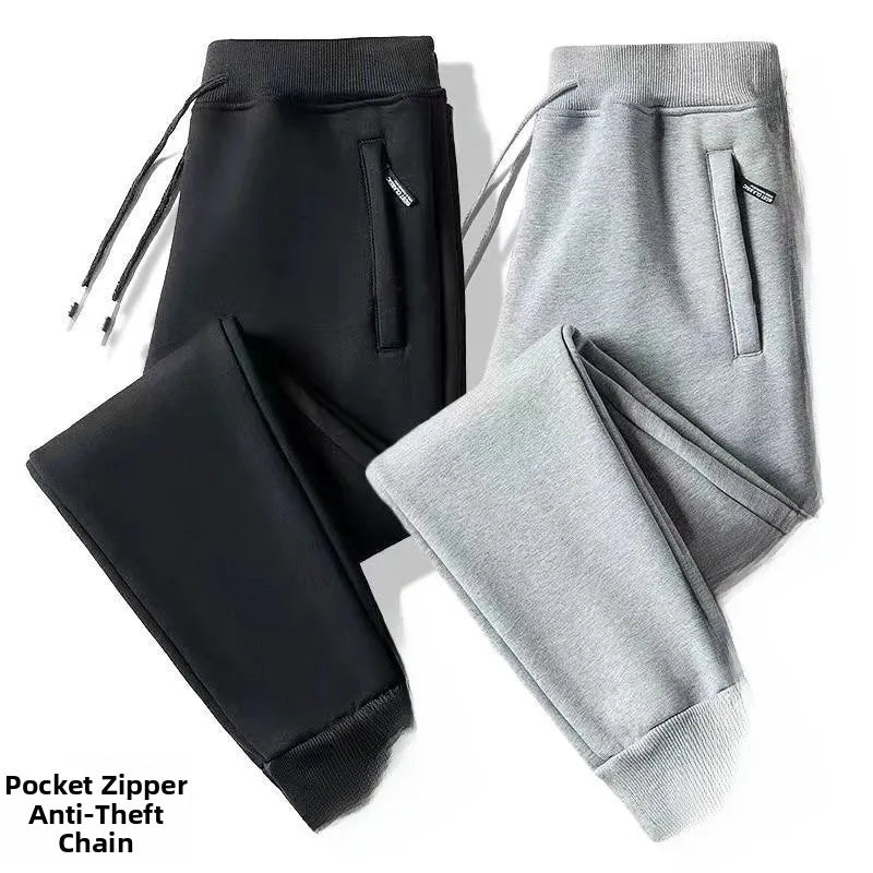 Men's Fleece Lined Loose Fit Trousers Korean Style Casual Pants with Pockets Zipper Closure Autumn Winter Outerwear Cargo Pants