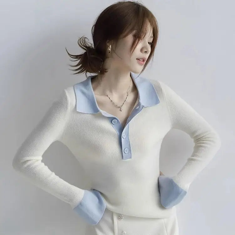 Long Sleeve Female Tee Knitted Button Women's Polo Shirts Contrasting Colors T-shirts Youthful Clothes Pretty Polyester on Offer