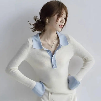 Long Sleeve Female Tee Knitted Button Women's Polo Shirts Contrasting Colors T-shirts Youthful Clothes Pretty Polyester on Offer