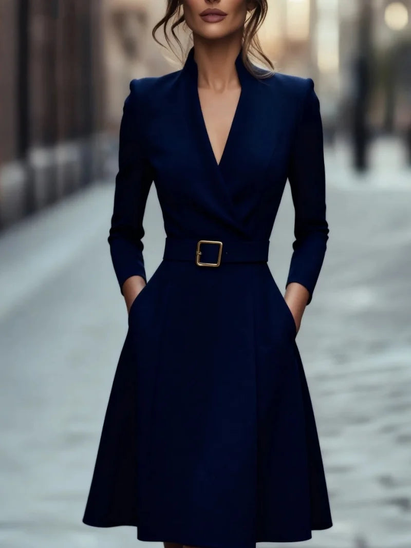 Autumn and winter temperament commuting waist slimming V-neck long-sleeved A-shaped medium-long belt skirt for women