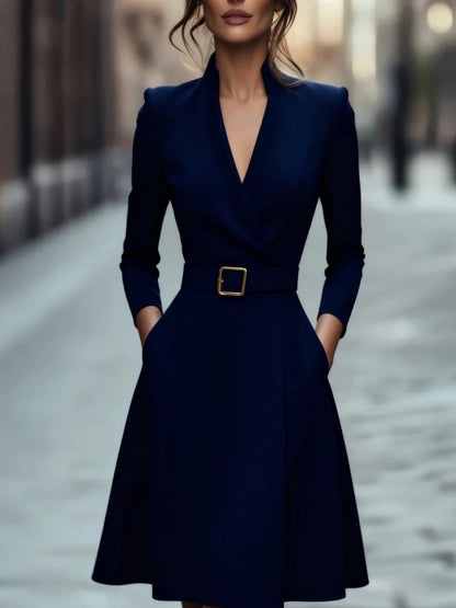 Autumn and winter temperament commuting waist slimming V-neck long-sleeved A-shaped medium-long belt skirt for women